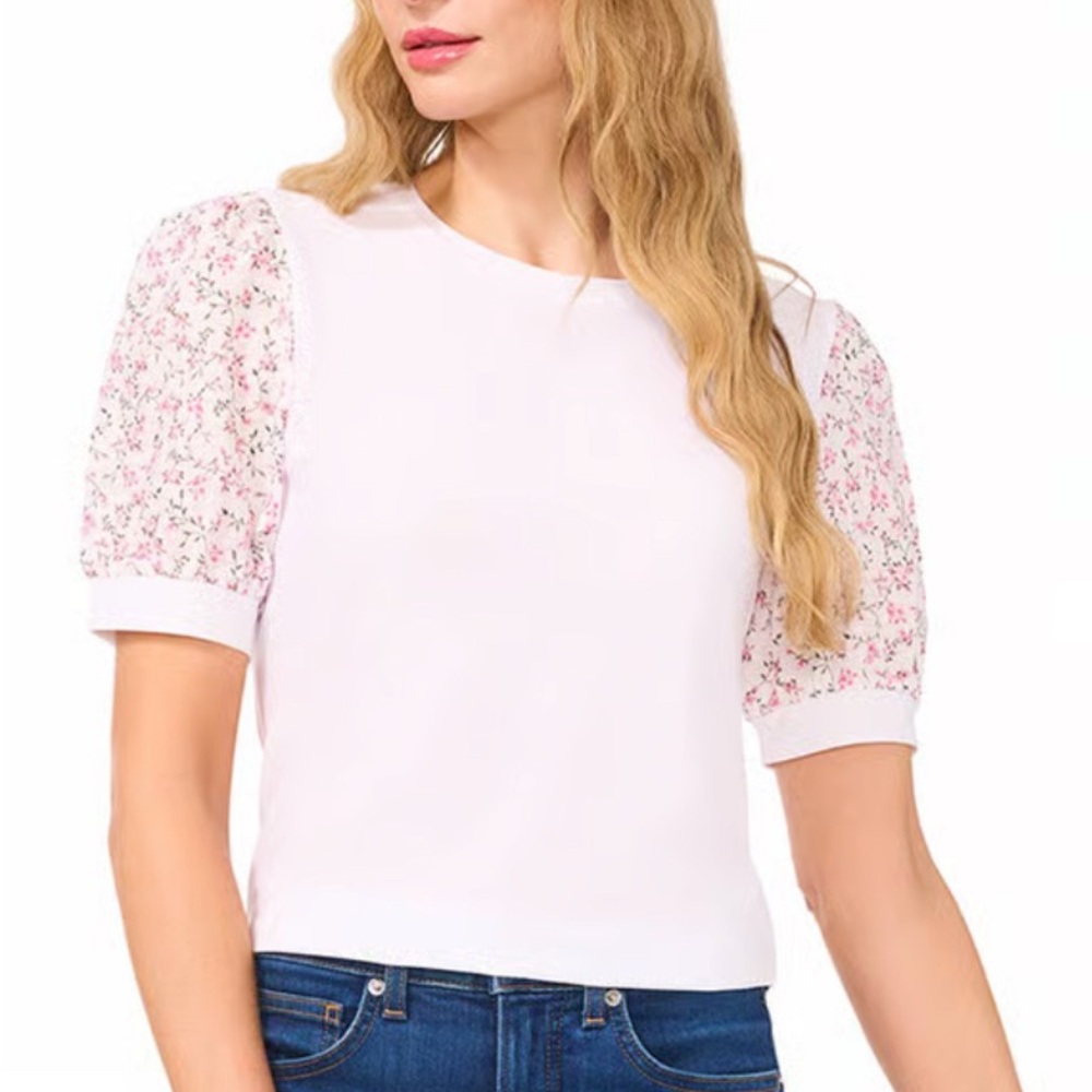 Only worn once! Cece Floral Puff Sleeve Solid Crew Neck Blouse